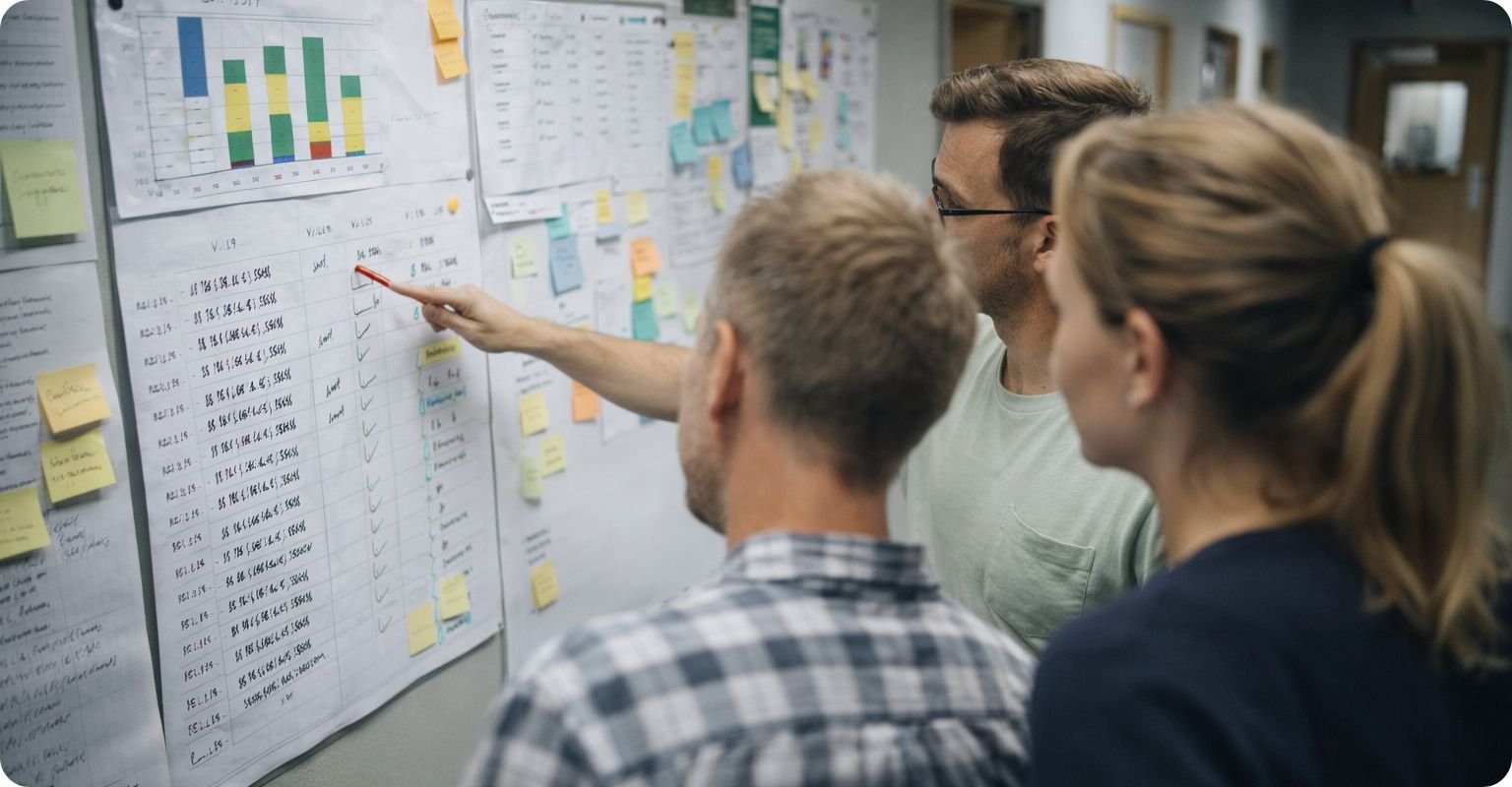Team workshop infront of a whiteboard Hups
