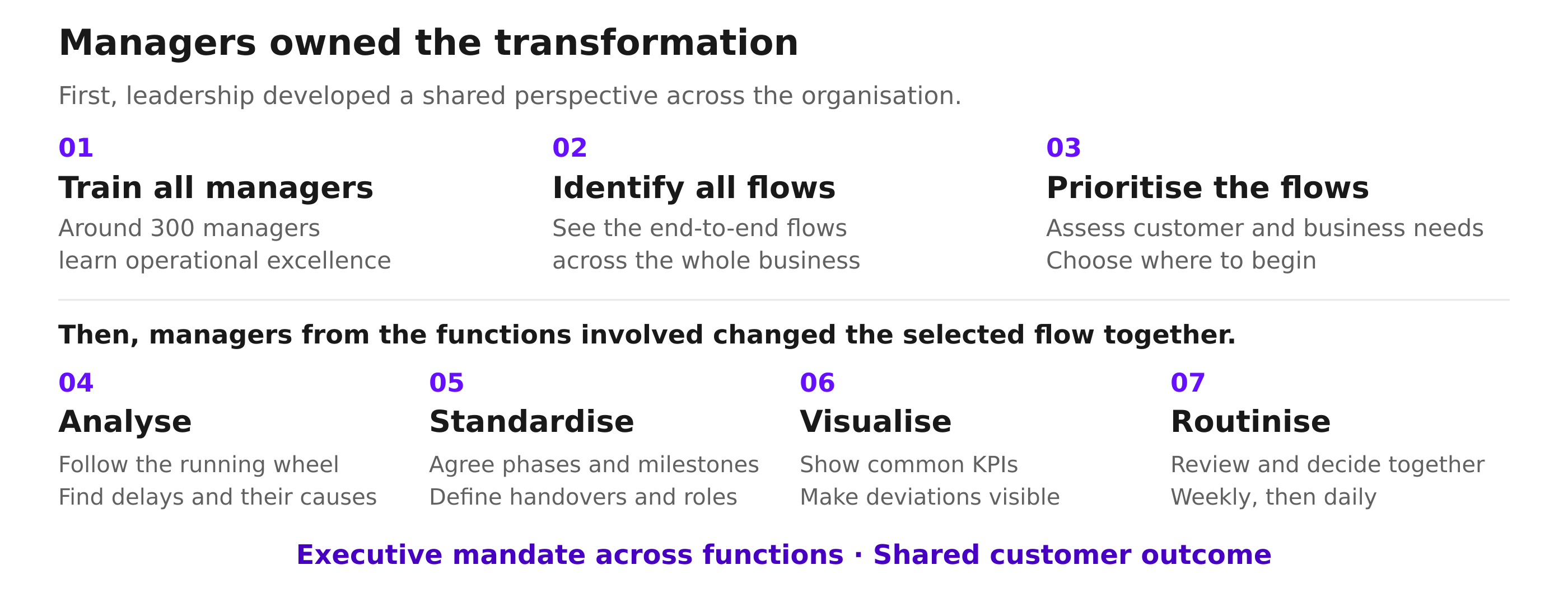 Figure 5a. Leadership first trained the managers, identified all flows and prioritised them. The managers then analysed, standardised, visualised and routinised the selected flow together.